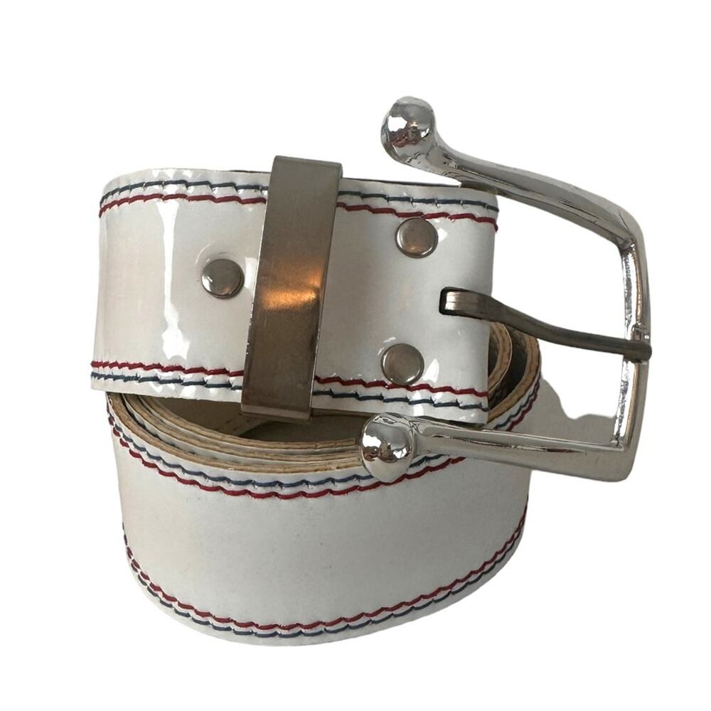 White Patent Belt Red Blue Stitching Large Silver Tone Buckle Unisex Vintage